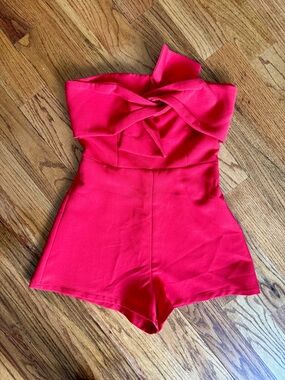 Red Strapless Knot-Front One-Piece Romper